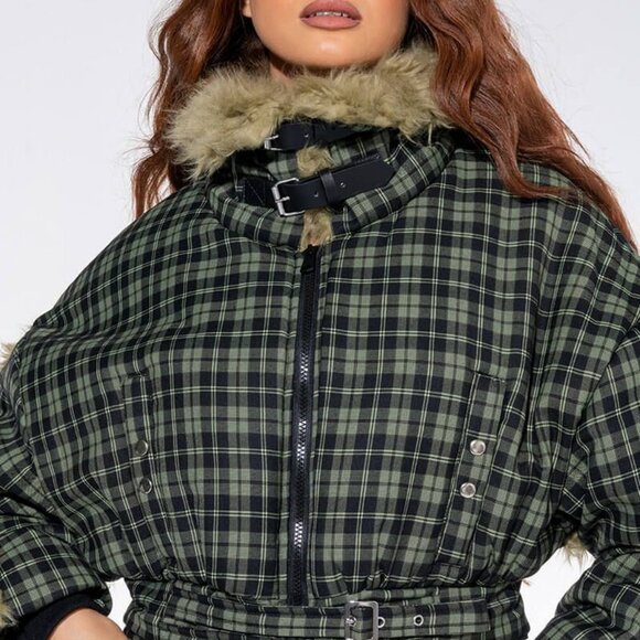 BAD TO  PLAID FAUX FUR TRIM PUFFER  ( BRAND NEW !!!! ) - Picture 8 of 10